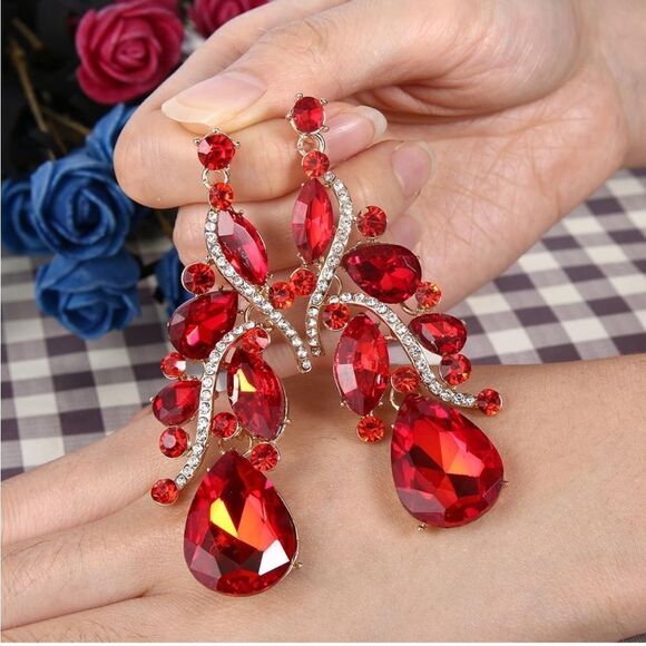 Yellow Gold with Ruby Red Austrian Crystal Teardrop Chandelier Post Earrings - Picture 3 of 5